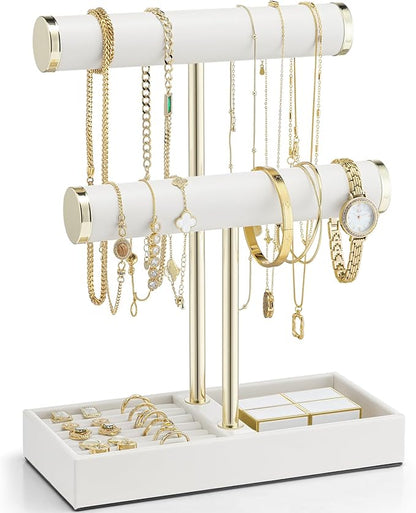 VLANDO 2 Tier Bracelet Holder with Tray - Leather Jewelry Stand Organizer for Women - Necklace Holder Display for Necklace, Watches, Rings, Earrings, Bangle, Scrunchie - White