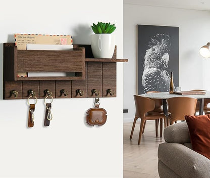 Key Holder Wall Mount - Decorative Key Rack and Mail Organizer with 7 Key Hooks - Wooden Key Hanger with Shelf for Living Room Decor - Rustic Farmhouse Home Entryway Aesthetic Essentials