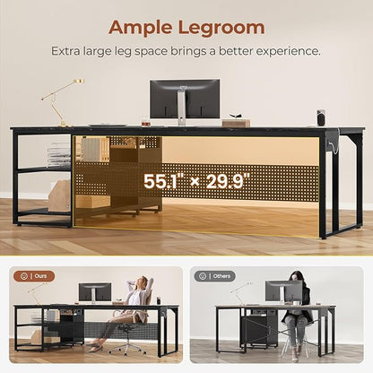 71" Executive Desk, Reversible L Shaped Desk with Mobile File Cabinet & Power Outlets, Large Office Desk with Drawers, Storage Shelves, Hooks, Corner Computer Desk for Home Office (Black)