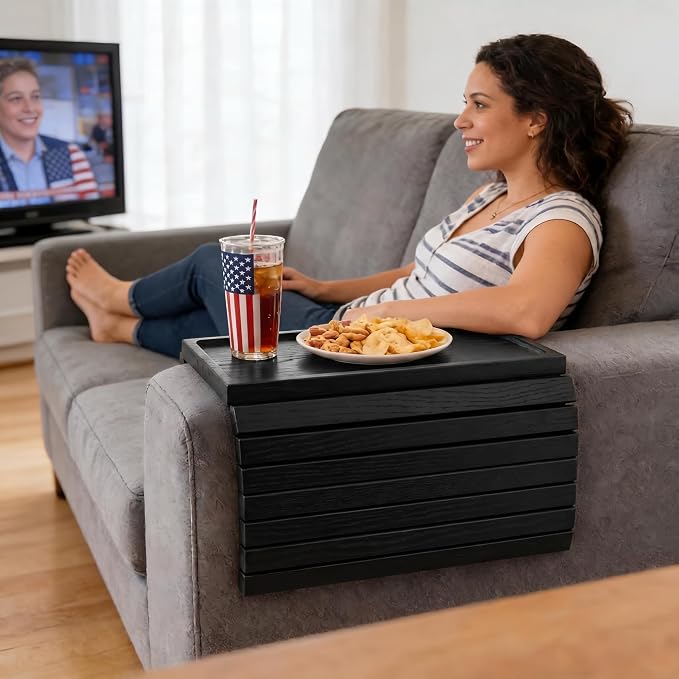 Black Acacia Wood Couch Armrest Table, Couch Arm Tray, Foldable Anti-Slip Bamboo Couch Tray, Sofa Cup Holder for Drink Snacks Remote Control