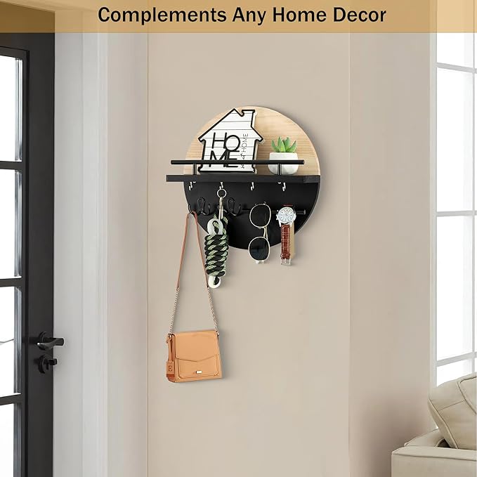 Key Holder for Wall Decorative with Shelf and Hooks, Mail Organizer Wall Mount with Sunglasses Holder, Circular Design Entryway Key Rack Hanger, Rustic Home Decor