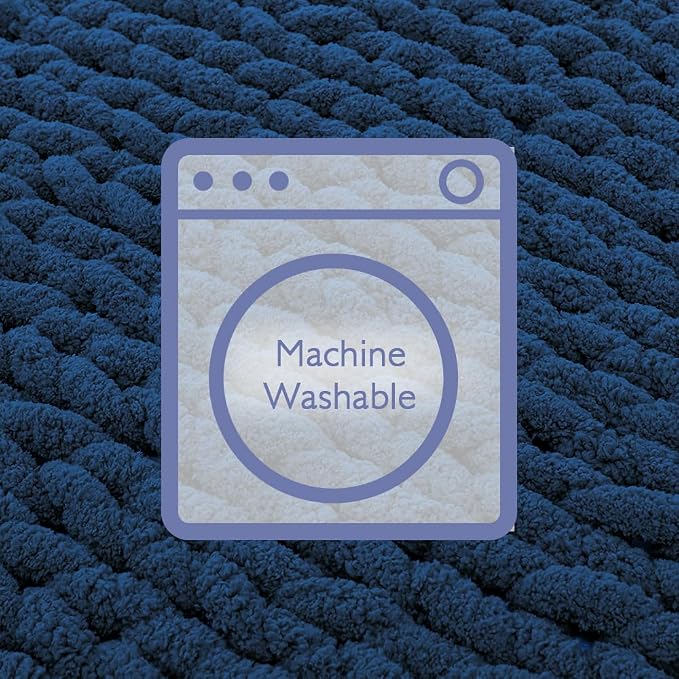 Bigacogo Chunky Knit Throw Blanket for Couch, 60x80 inches, 100% Hand Knitted with Thick Jumbo Chenille Yarn, Cozy Soft Large Rope Knot Cable Crochet Blankets for Sofa Bed Living Room, Navy Blue