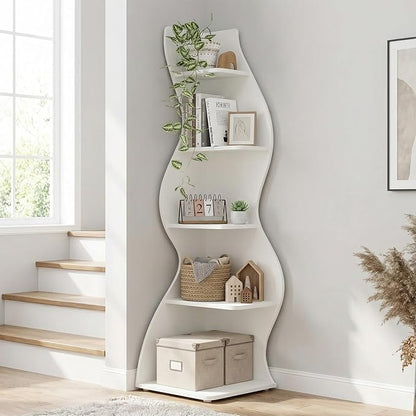 Arvolia 70 Inch Corner Bookshelf, Modern 5-Tier Small Bookshelf with Unique Curved Design, Freestanding Vertical Storage Shelf for Living Room, Bedroom or Home Office (White)