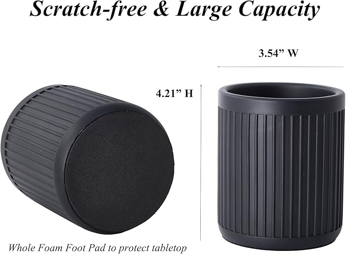 Aotea Crafts - Concrete Modern Industrial Pen Holder for Desk - Aesthetic Minimalist Charcoal Black Pencil Holder for Desk- Handcrafted Cement Fluted Pen Cup Organizer - Sealed & Durable