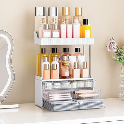 5 Tiers Bathroom Counter Organizer - 3 Drawers Makeup Organizer, Cosmetic Storage Drawer for Dresser Countertop and Bathroom Vanity for Large Skincare, Perfume, Clear