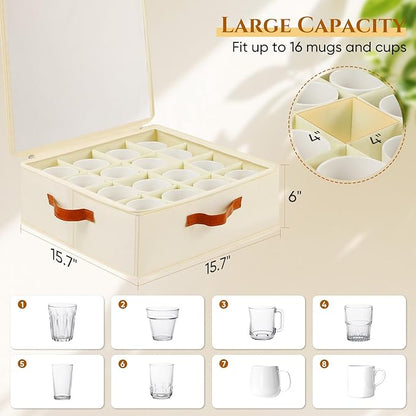 2 Pack Coffee Mug Storage Box with Dividers, Stackable China Storage Containers with Lid, Zipper, and Handles for 32 Coffee Mugs and Cups, Mug Storage Organizer for Packing & Moving, Beige