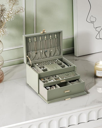 3-Tier Jewelry Box, Jewelry Organizer Box with 2 Drawers, Large Storage Capacity for Necklace Bracelets Earrings Rings, Lockable, Christmas Gift for Women, Green