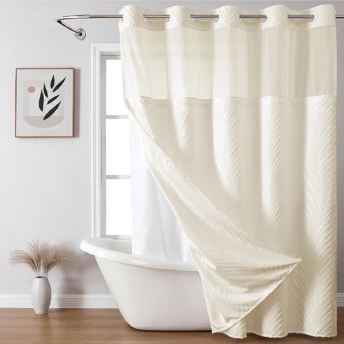 Cream No Hook Tufted Shower Curtain with snap-in Liner for Bathroom, Boho Farmhouse Style with See Through Top Window, no Hook Shower Curtain and Liner Set, Beige/Cream, 71Wx74H