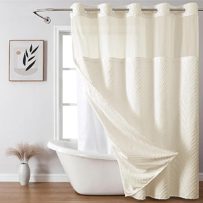 Cream No Hook Tufted Shower Curtain with snap-in Liner for Bathroom, Boho Farmhouse Style with See Through Top Window, no Hook Shower Curtain and Liner Set, Beige/Cream, 71Wx74H