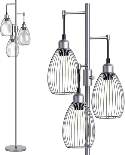 Nintiue Dimmable Floor Lamp, 3 x 800LM LED Edison Bulbs Included, Industrial Floor Lamp Standing Tree Lamp with Elegant Teardrop Cage Heads Tall Lamps for Living Room Bedroom-Grey