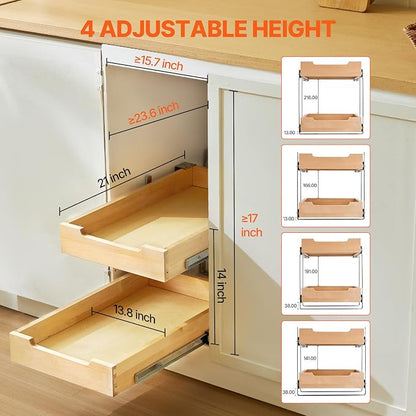 VEVOR 2 Tier Pull Out Cabinet Organizer, 14" W x 21" D Cabinet Drawer, Soft Close Slide out Shelf, Heavy-Duty Sliding Wood Drawer, Adjustable Base Cabinet Organization for Kitchen Pantry Bathroom