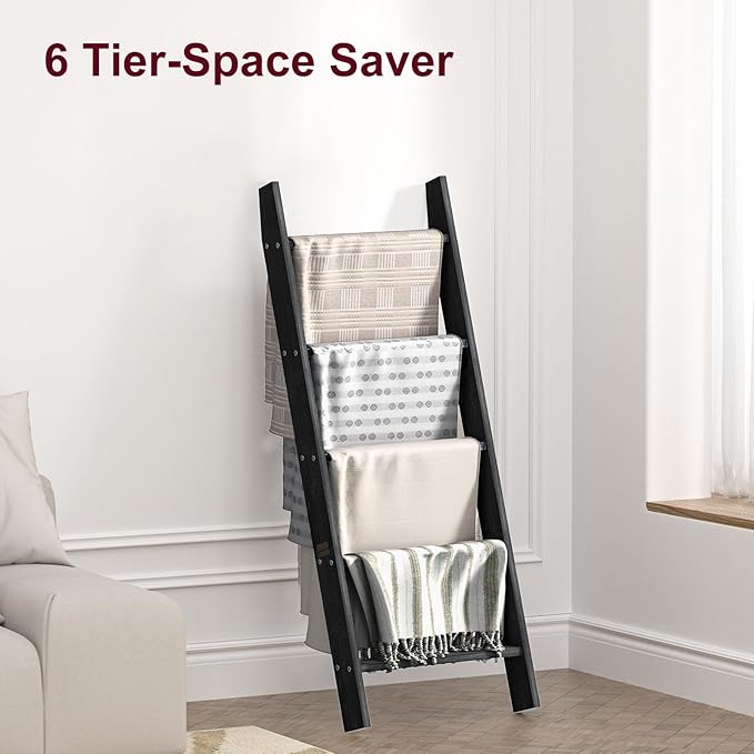 HONEST OUTFITTERS Blanket Ladders for The Living Room, 5-Tier Blanket Holder, Wall-Leaning Blanket Rack, Ladder Shelves, Wooden Quilt Ladder, Farmhouse Decor, Black