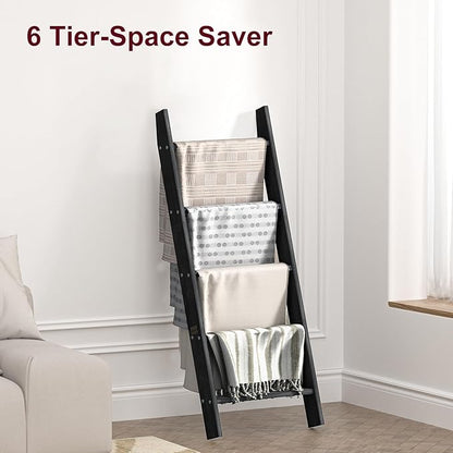 HONEST OUTFITTERS Blanket Ladders for The Living Room, 5-Tier Blanket Holder, Wall-Leaning Blanket Rack, Ladder Shelves, Wooden Quilt Ladder, Farmhouse Decor, Black