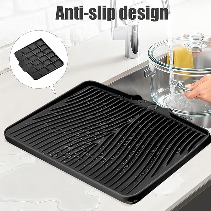TIKNIK Silicone Dish Drying Mat for Kitchen Counter - Heat Resistant & Non-Slip Dish Drain Pad with Built-In Drain, Dishwasher Safe, Quick-Dry, Hangable & Roll-Up for Storage, Black-1pc, 20" x 15"