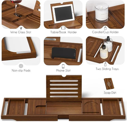 Expandable Solid Teak Wood Bathtub Caddy Tray, Adjustable Bath Tub Organizer for Bathroom Spa, Luxury Bath Accessories (Dark Natural Teak, Non‑Foldable Structure)