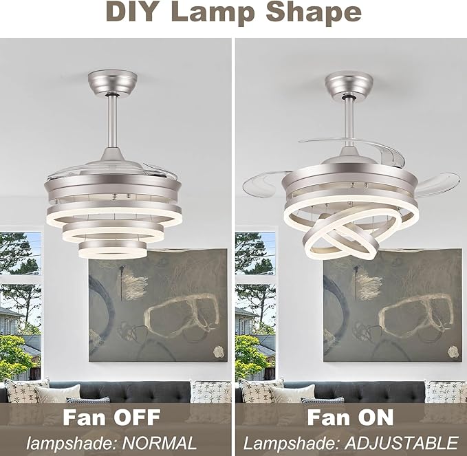 42" Modern Retractable Ceiling Fan with Lights, Fandelier Ceiling Fan with LED Light and Remote&App Control, 6 Speed Reversible 3CCT Chandelier Fan for Bedroom Living Room Dining Room Silver