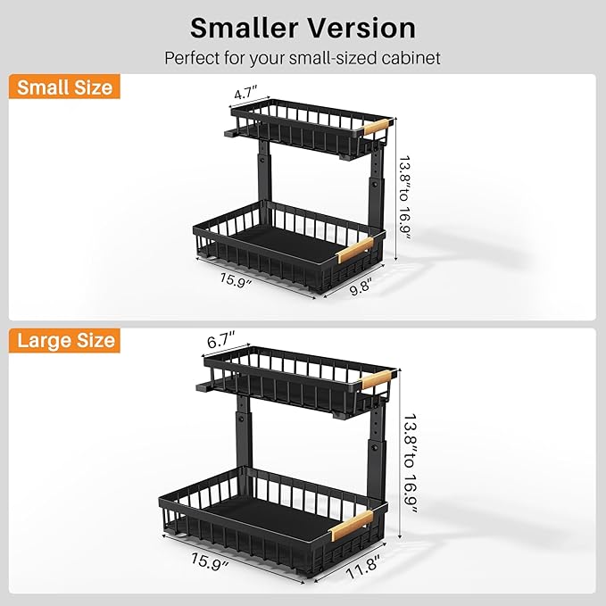 PXRACK Under Sink Organizer, Adjustable Height, 2 Tier Pull Out Under Cabinet Organizer, Slide Out Thickened Metal Under Sink Storage for Kitchen Bathroom Laundry Pantry Cabinet, Black, Small-1-Pack