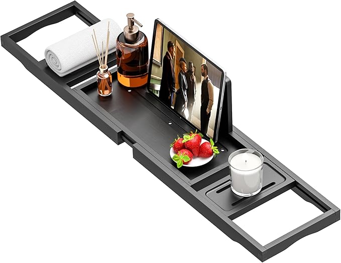 Bathtub Tray Black- Expandable Bamboo Wooden Bath Trays for Bathub - Bath Tub Table Tray for Bathtub/Tub,Adjustable Size, Fits Most Tubs