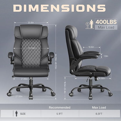 Office Chair-Executive High Back Breathable Comfy Desk Chair with Flip-up Armrests Lumbar Support-Ergonomic Leather Rolling Swivel Chair with Rock Function for Working Studying Gaming