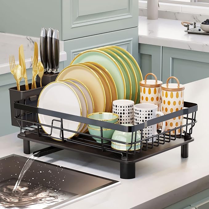 AIDERLY Metal Dish Drying Rack Automatic Drainage, Black, Large | Removable Cutlery Basket, Drainboard & Knife Slots, Dish Drainers, for Kitchen Counter Sink
