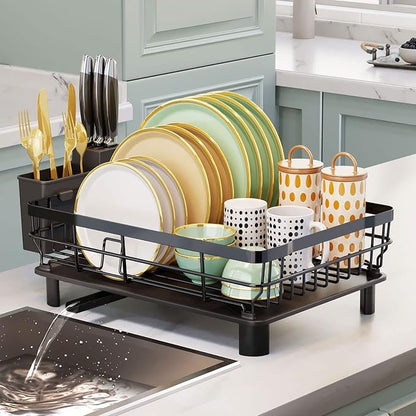 AIDERLY Metal Dish Drying Rack Automatic Drainage, Black, Large | Removable Cutlery Basket, Drainboard & Knife Slots, Dish Drainers, for Kitchen Counter Sink