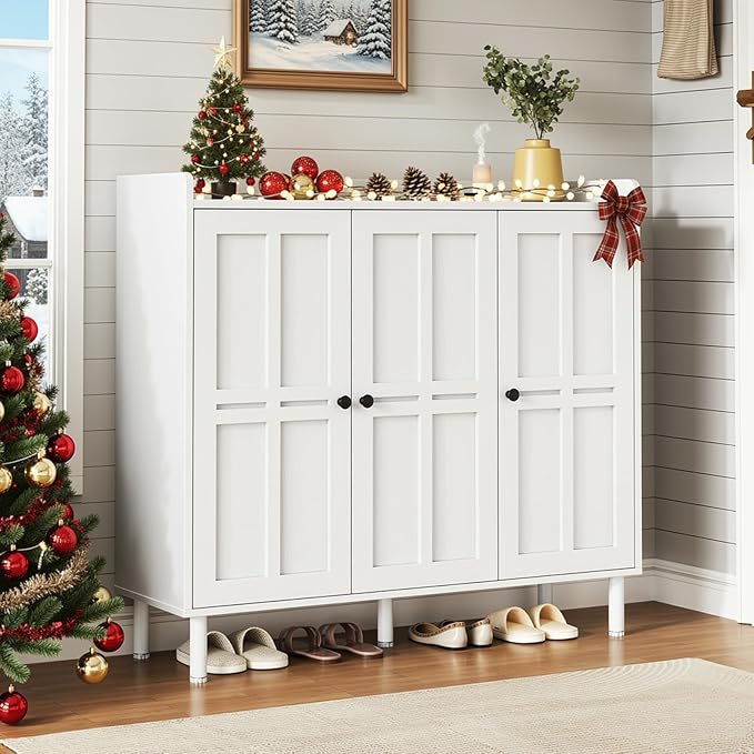ONBRILL Shoe Cabinet with 3 Doors and Adjustable Shelves, 30 Pairs Shoe Storage Cabinet, 40 Inch Tall Farmhouse Shoe Rack Shoe Organizer Cabinet for Entryway Living Room Closet, White