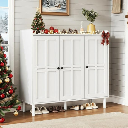 ONBRILL Shoe Cabinet with 3 Doors and Adjustable Shelves, 30 Pairs Shoe Storage Cabinet, 40 Inch Tall Farmhouse Shoe Rack Shoe Organizer Cabinet for Entryway Living Room Closet, White