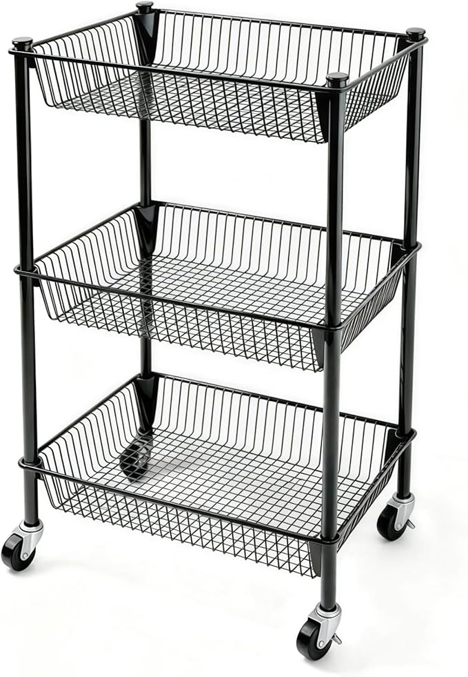 Pantry Organizer and Storage Shelves Kitchen Cart for Fruit Vegetables, 3 Tier Utility Cart with Wheels, Onion Potato Storage Basket Thicken Metal Trolley for Laundry Bathroom, Black