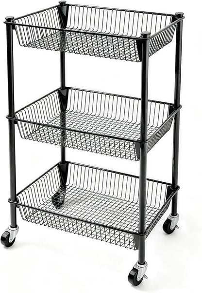Pantry Organizer and Storage Shelves Kitchen Cart for Fruit Vegetables, 3 Tier Utility Cart with Wheels, Onion Potato Storage Basket Thicken Metal Trolley for Laundry Bathroom, Black