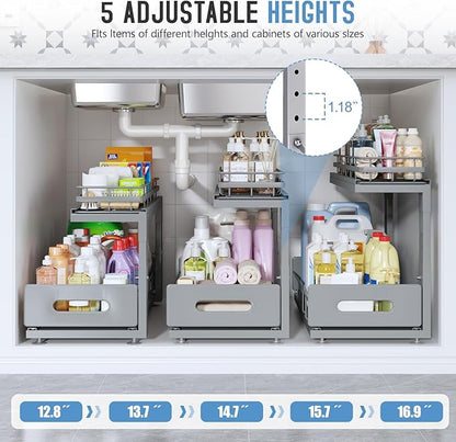 Under Sink Organizer Upgrade To Professional Rails,2-Tier Dual Pull Out Cabinet Storage,Height Adjustable Slide Out Drawers For Bathroom Kitchen,1 Pack-18.5"Dx12.8"-16.9"H,Gun Gray