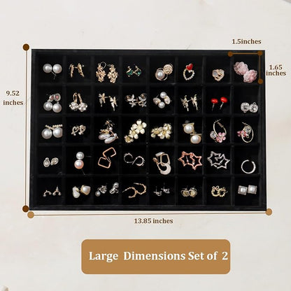 Large Velvet Jewelry Tray 2 Pack Stackable Jewelry Display Drawer Inserts Trays Organizer for Earring Bracelet Necklace Ring (Black, 40 Grids)