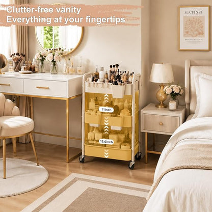 3 Tier Beige Rolling Storage Cart Metal on Wheels, Cream Three Tiered Diaper Caddy with Wheels,Utility Organizer Trolley for Nursery,Postpartum,Art,Craft,Khaki Roller Bedside Carts for Baby Essentials