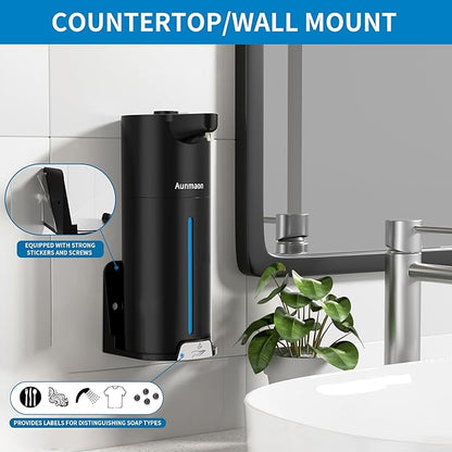 Aunmaon Automatic Soap Dispenser Touchless, Hands-Free, Multi Adjustable Volume, Long Battery Life, Compatible with Thick & Thin Dish/Hand Soap for Bathroom and Kitchen, Easy for Toddlers, Black