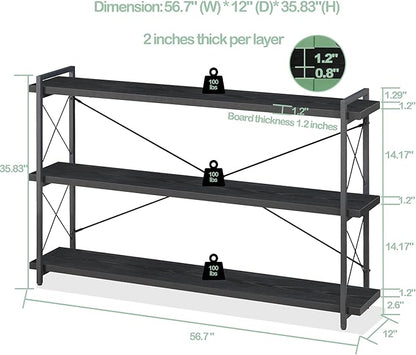 HCHQHS Bookshelf, 3-Tier Long Industrial Bookcase, Black Open Book Shelf, Freestanding Horizontal Bookshelves with Metal Frame