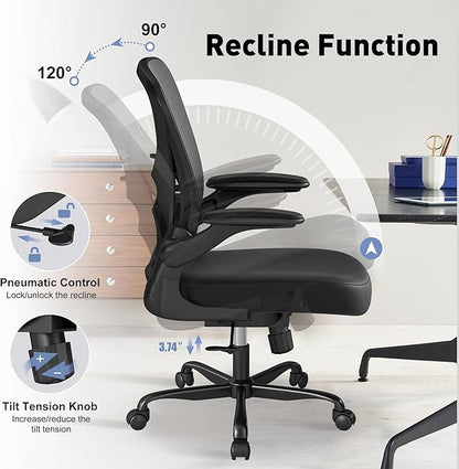 ZZH Mesh Office Chair with Adjustable Lumbar Support and Flip-up Arms, Ergonomic Home Office Desk Chair with Wheels, Black