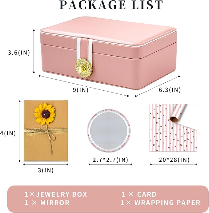 Earring Organizer for Women, 2 Layer Large Jewelry Box with Mirror, Handmade Gift Card and Wrapping Paper, PU Leather Jewellery Holder with Removable Tray for Birthday Wedding Gift,Pink