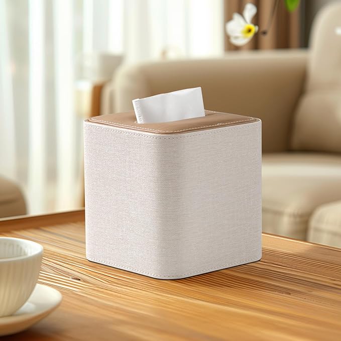 Cretkhp Square Linen Tissue Box Cover with Magnetic Closure, Modern PU Leather Tissue Box Holder for Bathroom Vanity Countertop Night Stands Bedroom Office Desk, Stylish Cube Tissue Holder (Linen)