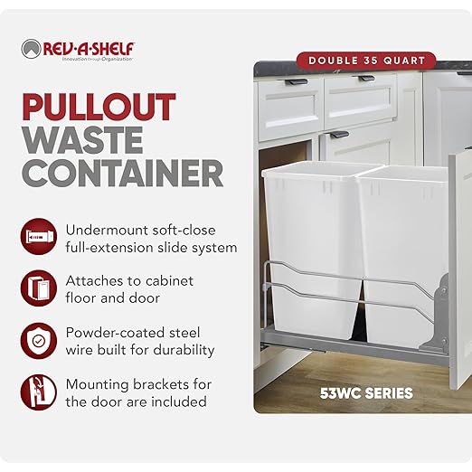 Rev-A-Shelf Double 35 Qt Pullout Trash Cans with Soft-Close for Under Kitchen Cabinets, Min Opening Width of 14.5", White, 53WC-1835SCDM-211