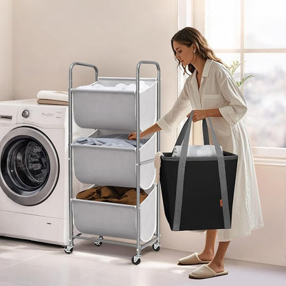 STORAGE MANIAC 120 Liters Vertical Rolling Laundry Hamper, 3 Section Laundry Sorter with Wheels and 2 Breaks, 3-tier Laundry Baskets for Small Space, Dorm, Laundry Room, Closet, Bathroom, Gray 3-tier