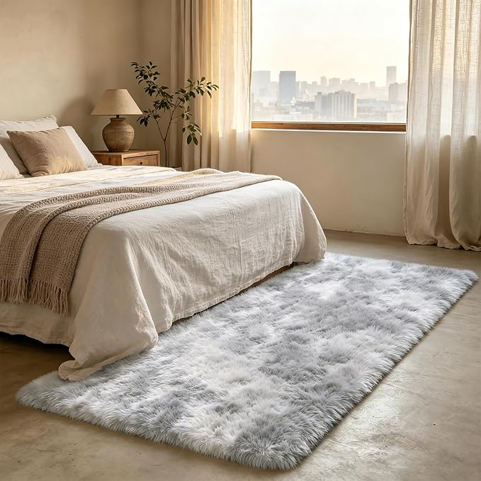 Shag Runner Rug for Bedroom Living Room 3x7 Upgrade Non-Slip Fluffy Soft Bedside Rugs,Shaggy Gray Carpet for Livingroom Dorm Home Decor Aesthetic