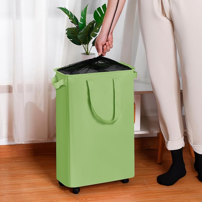 efluky Slim Laundry Hamper with Wheels, Rolling Laundry Basket for Clothes, Small Laundry Basket for Bedroom, Dorm and Laundry Room, 75L (19.8 Gallons) Green