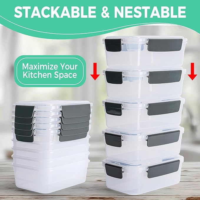 YORY 7 cup Plastic Food Storage Containers with Lids Nestable Freezer Dishwasher Safe Rectangle Meal Prep Container Set,5-Pack