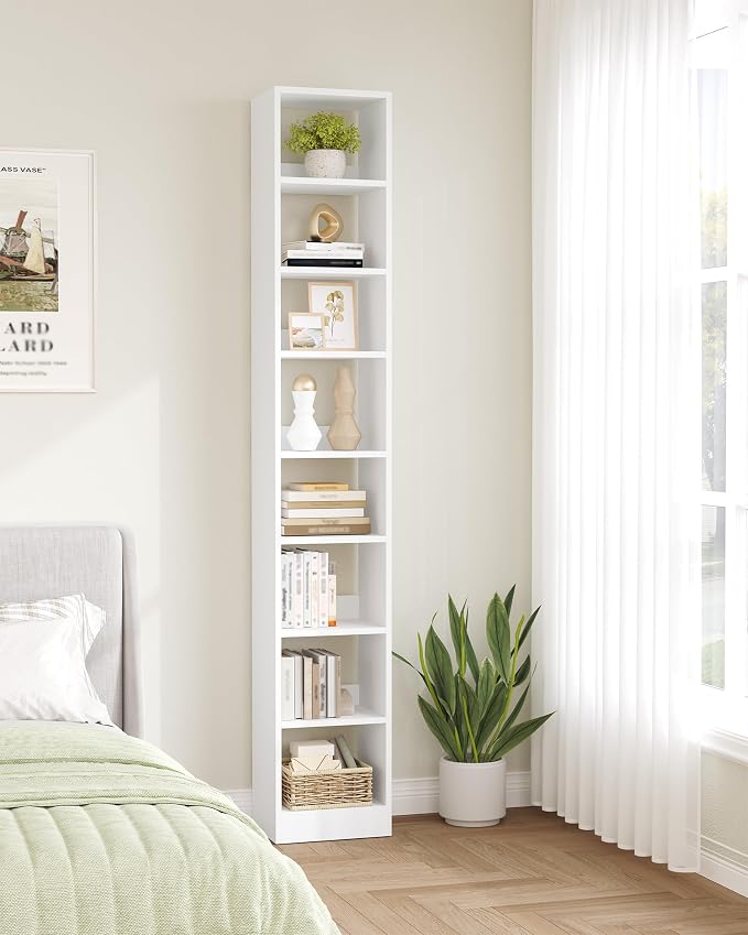 Hzuaneri Bookcase, Tall Narrow Bookshelf, Open Display Storage Shelf, Skinny Cube Book Shelf with Adjustable Shelves, CD Rack for Living Room, Home Office 8-Tier(9.4 x 11.8 x 72 inch) White BC89603X