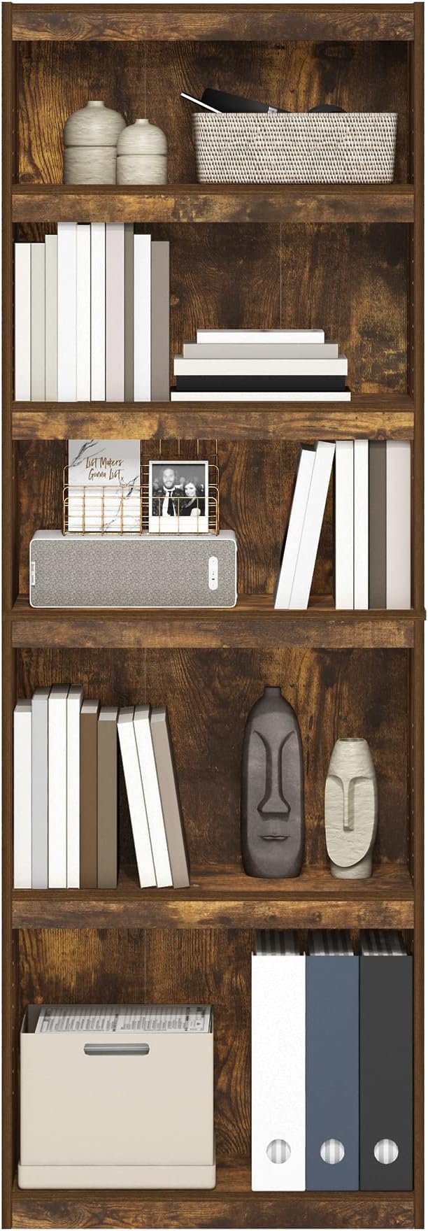 Furinno JAYA Book Shelf, 5-Tier Bookshelf, Enhanced Home Bookcase with Adjustable shelf, 9.5" x 24.5" x 71.1", for Organization and Storage, for Living Room, Bedroom, Home Office, Amber Pine