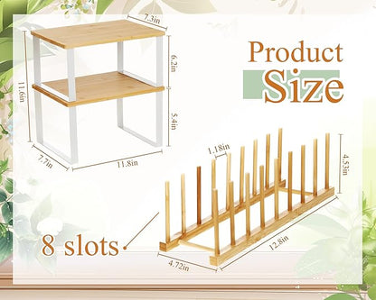 Marsui 4 Pcs Kitchen Organizer Accessories Set Cabinet Organizer Shelf and Bamboo Dish Drying Plate Rack Counter Shelves Storage Holder for Spice Rack, Dish, Pot Lid, Bowl, Cup(Wooden Color)
