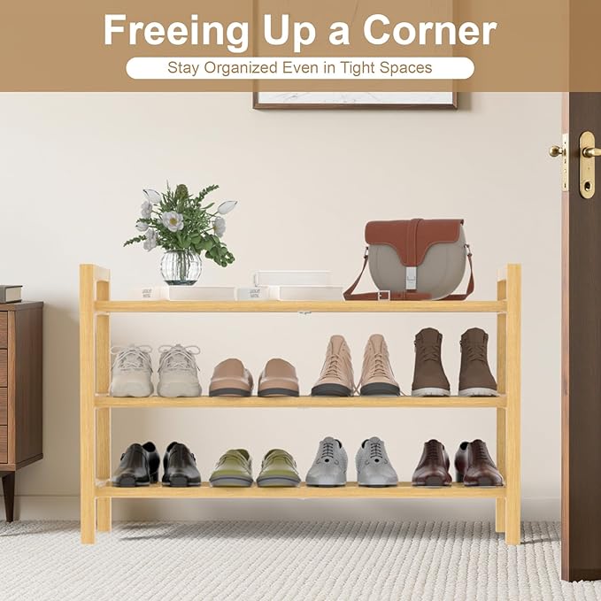 Haddockway Bamboo Shoe Rack for Closet, Free Standing Shoe Organizer with Smooth Round Rods & Convenient Handles, Stackable Shoe Storage Shelf for Entryway, Hallway(Natural, 3-Tier)