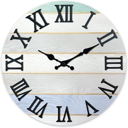 Round Grey Farmhouse Wall Clocks Battery Operated Analog Solid Wood Wall Clocks for Living Room Decor 12 Inch Quiet Wall Clock Non Ticking