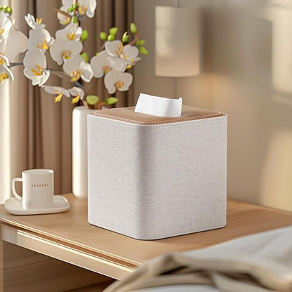 Cretkhp Square Linen Tissue Box Cover with Magnetic Closure, Modern PU Leather Tissue Box Holder for Bathroom Vanity Countertop Night Stands Bedroom Office Desk, Stylish Cube Tissue Holder (Linen)