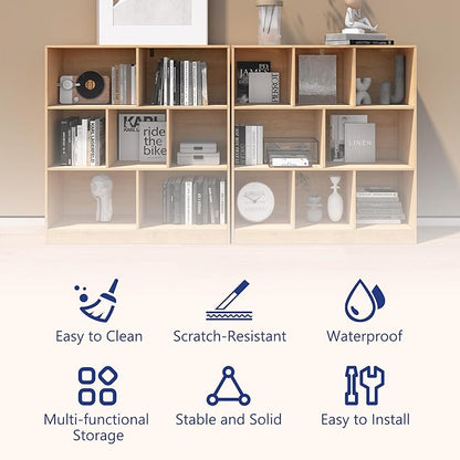 8-Cube Wooden Bookshelf with Base,3-Tier Freestanding Open Storage Organizer,Multi-Functional Bookcase for Living Room,Bedroom,Study and Office (Oak, 8-Cube)