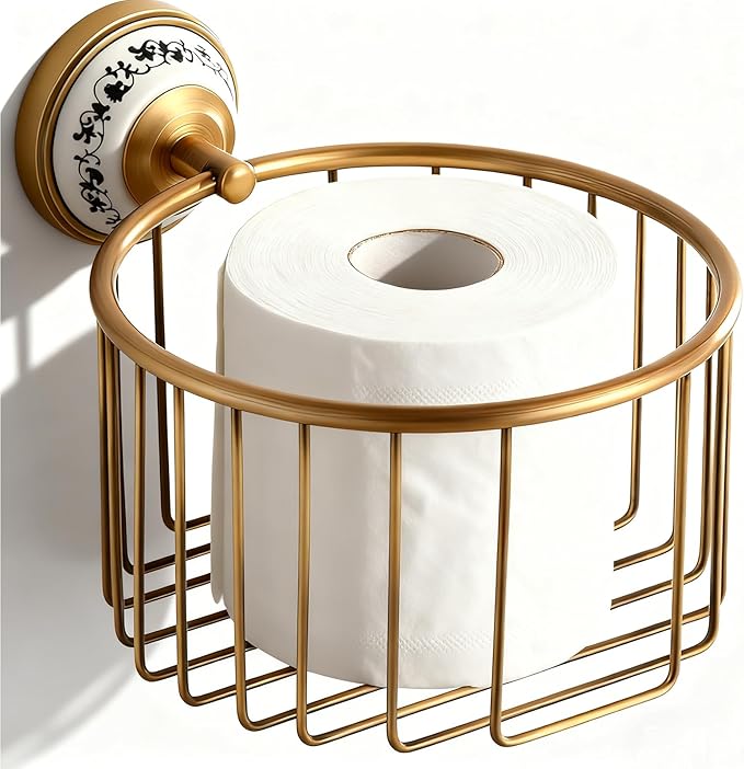 Bathroom Storage, NEWRAIN Wall Mounted Toilet Roll Holder Basket, Antique Brass Toilet Paper Storage Rack, Vintage Bathroom Organizers